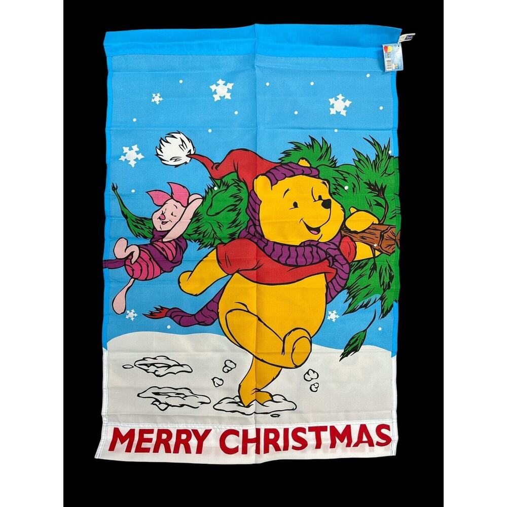 Disney Holiday Pooh & Piglet 28" x 40" Merry Christmas Vintage Yard Flag NEW‎